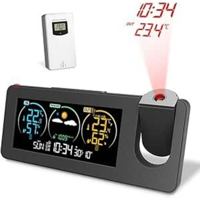 Projektionswecker, Wettermonitor, kabellose Wetterstation mit Außensensor, Temperatur- und Feuchtigkeitsmonitor, mit bun...