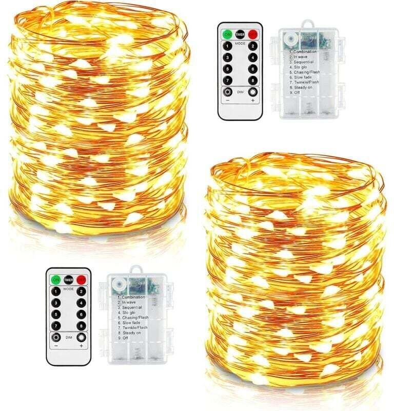 Lot de 2 Guirlandes Lumineuses LED 10 m 100 8 Modes Éclairage Extérieur Fil de Cuivre à Piles Etanche IP67 avec Télécomm...