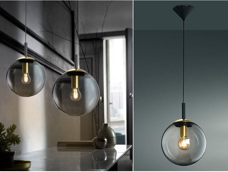 Meinewunschleuchte - led Pendelleuchte einflammig Rauchglas Schwarz mit Messing Kugel, ø 25cm