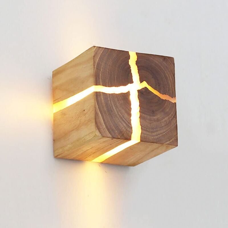 Quadratische Wandleuchte aus Holz, moderne Wandleuchte aus rissigem Holz, festverdrahtete Wandlampe für Flur, Gang, krea...