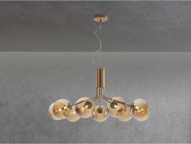 Meinewunschleuchte - led Pendelleuchte 9 flammig Messing & Amberglas Höhe 161cm, ø 83cm