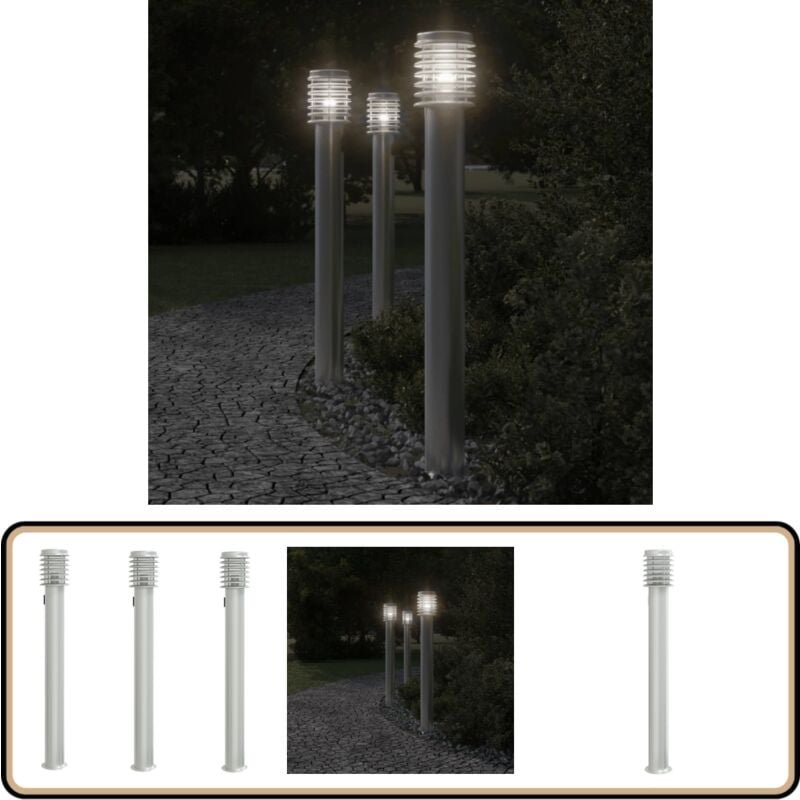 Wegeleuchten mit Steckdose 3 Stk. Silbern 110 cm Edelstahl - Outdoor-Beleuchtung - Gartenlampe - LED-Lampe - Edelstahl L...
