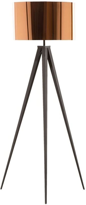 Stehlampe Schwarz Metall 156 cm runder Schirm in Kupfer Dreibeinig langes Kabel mit Schalter Modernes Design