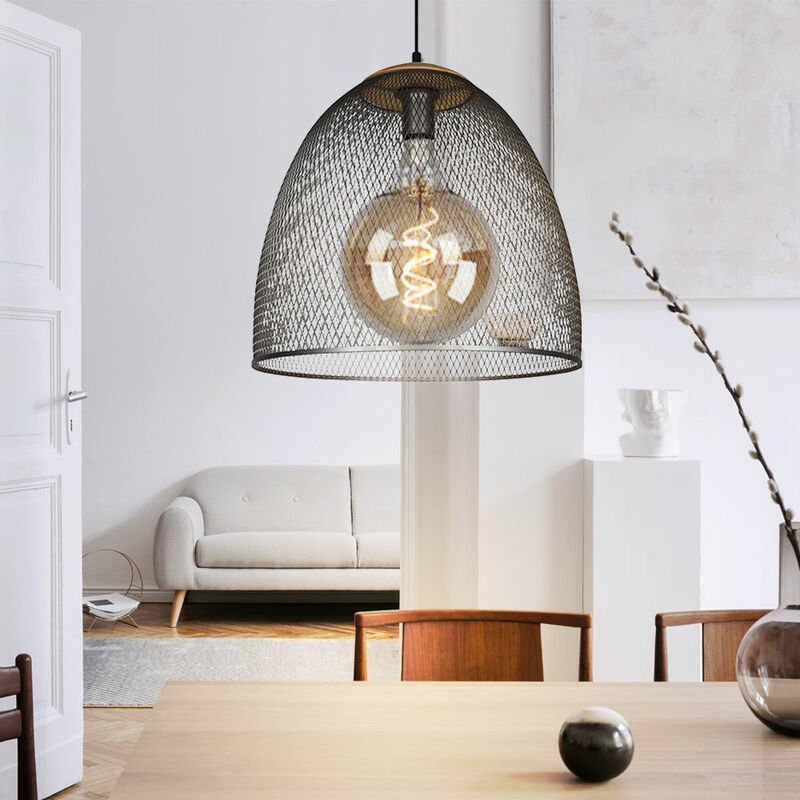 Pendellampe Hängelampe Wohnzimmerlampe silber 1 flammig Höhenverstellbar Gitterschirm, Metall Holz, 1x E27 Fassung, DxH ...