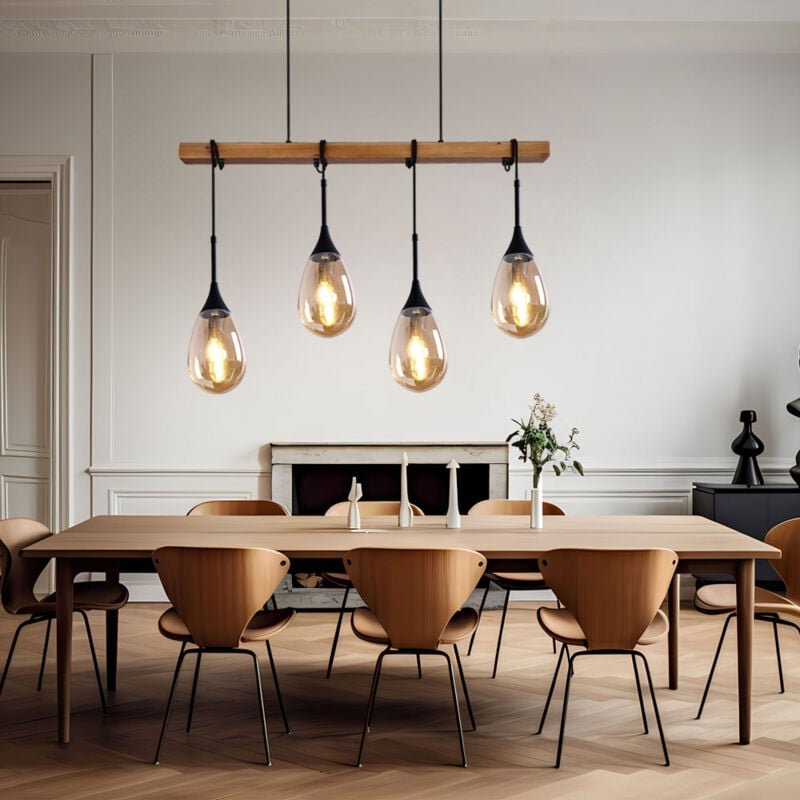 Pendellampe Hängeleuchte Esszimmerleuchte hängend Holzoptik Gitter schwarz Pendelleuchte rund 4 Flammig, Metall mdf, Fas...