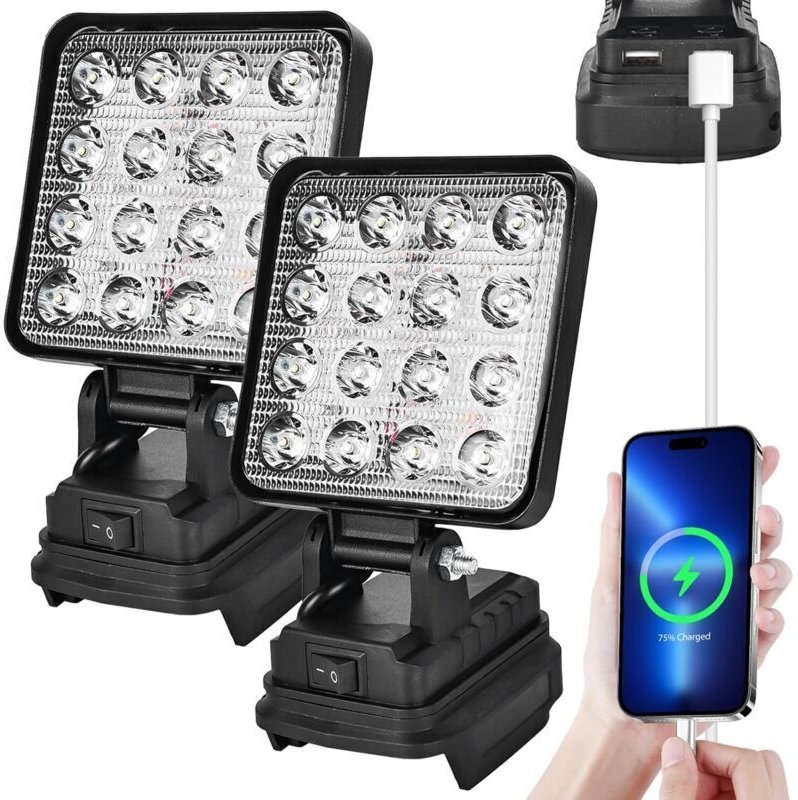 2er-Pack kabellose LED-Arbeitsleuchten für 20 V, 27 W - LED-Bauscheinwerfer mit USB-Ladefunktion - Tragbarer, akkubetrie...