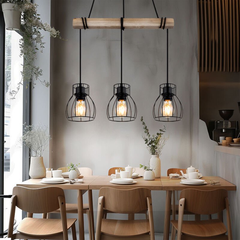 Pendelleuchte Vintage Hängelampe Holz Esstischlampe Retro Hängeleuchte mit Holzbalken, Metall schwarz, 3 x E27 Fassung, ...