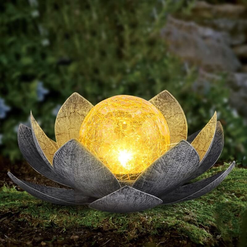 Thumbnail - Solar-Gartenleuchte für den Außenbereich, Crackle-Glas-Lotus-Dekoration, wasserdichte LED-Blumenlichter aus Metall für T...