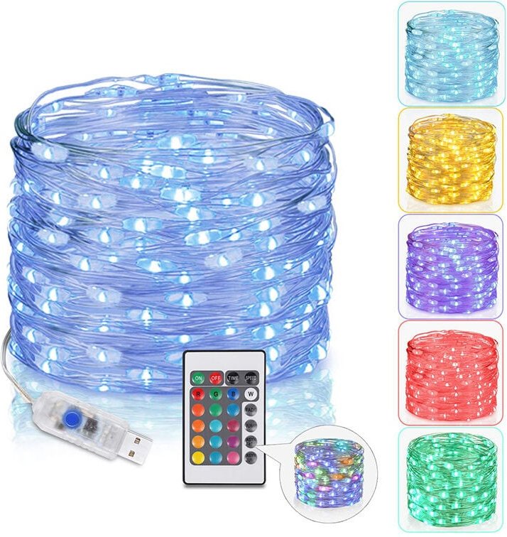 Weihnachtslichterkette, 10 m, 100 LEDs, 16 Farben, batteriebetrieben, Lichterkette für drinnen und draußen, USB-Aufladun...
