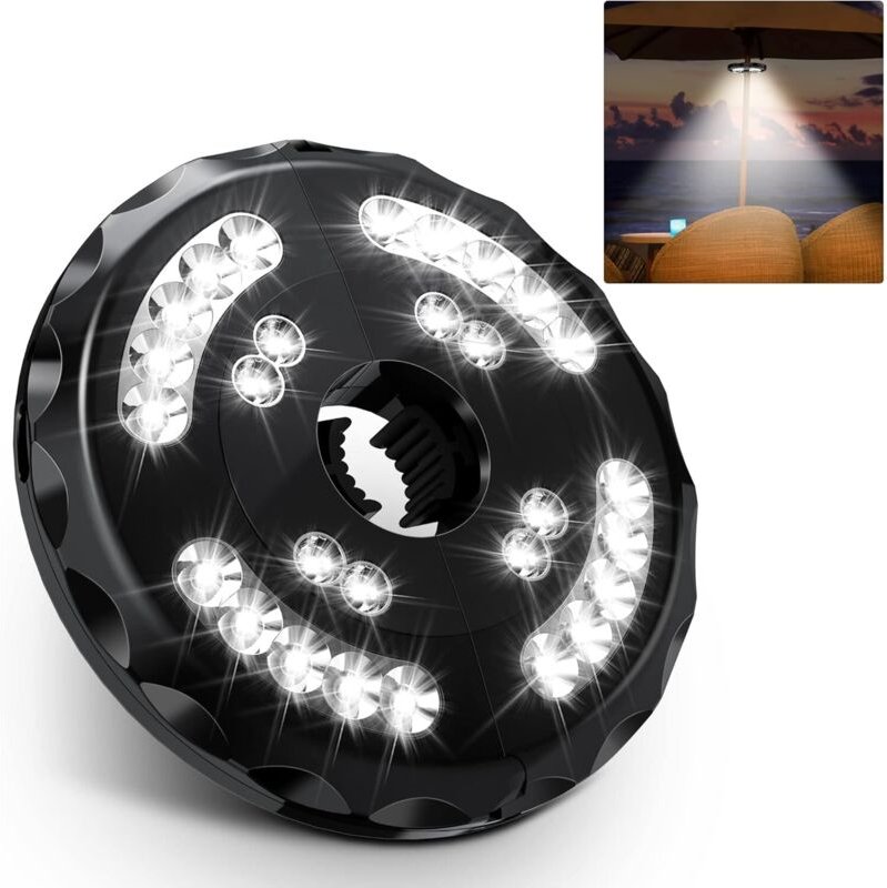 Wiederaufladbare Terrassenschirmleuchte – 28 LED-Sonnenschirmleuchten – 2 Helligkeitsmodi – einstellbar (weißes Licht)
