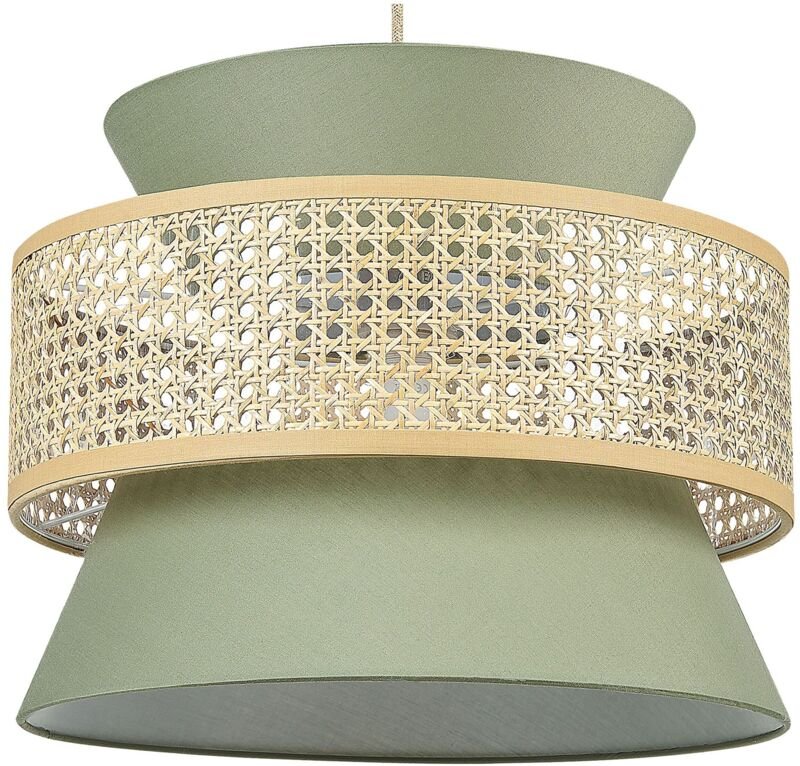 Hängelampe Hellgrün und Naturfarben Rattan mit Stoff 1-Flammig Kegelform Modern Boho Wohnzimmer Esszimmer Beleuchtung Au...