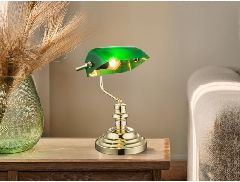 Retro led Schreibtischleuchte Messing mit Glasschirm Grün, Höhe 36cm