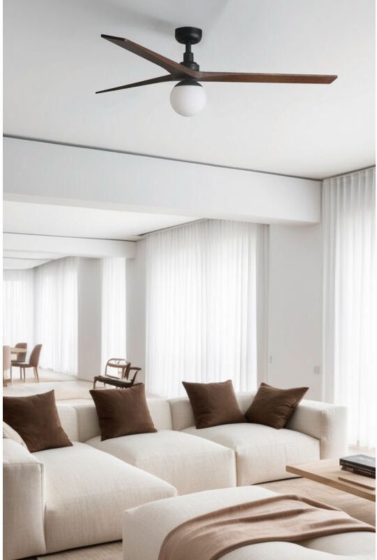 Faro Klim Großer 3-Flügel-Deckenventilator Mattschwarz, Walnuss mit Licht 1x E27 Tuya Smart System