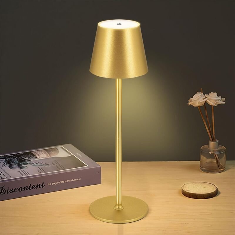 Goldene kabellose Schreibtischlampe 10 x 10 x 38 cm, 1 LED, wiederaufladbar, Touch, ideal für Esszimmer, Schlafzimmer od...