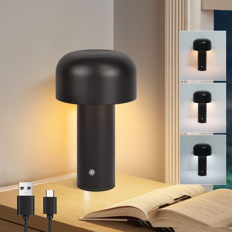 Thumbnail - Led Nachttischlampe Tischlampe Kabellos - 2W Tischleuchte Akku Dimmbar Schreibtischlampe Aufladbar Schwarz Pilzlampe Sch...