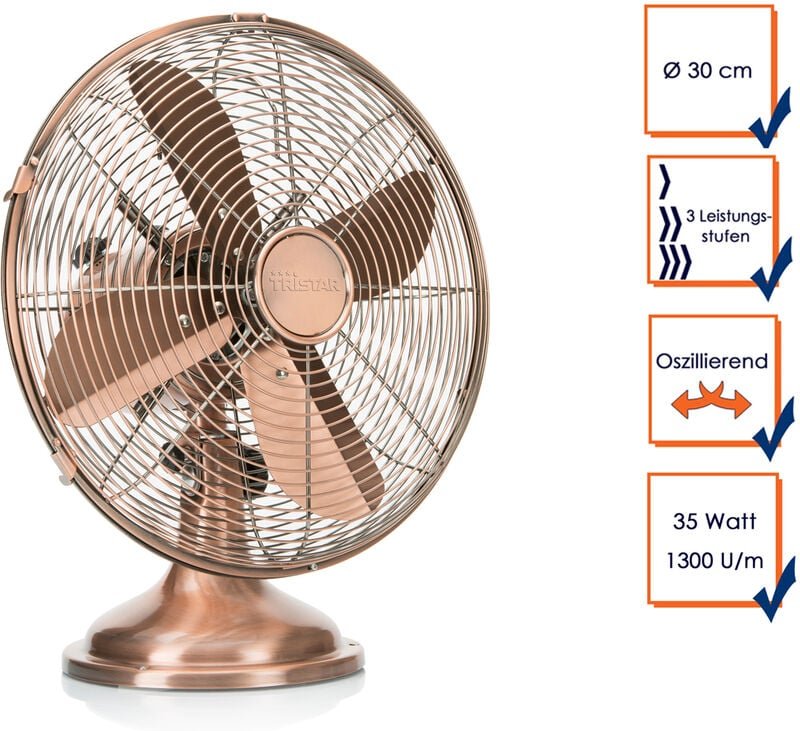 Tischventilator Kupfer Ø30 cm 3-Stufen, 2149 m³/Std. Oszillierend