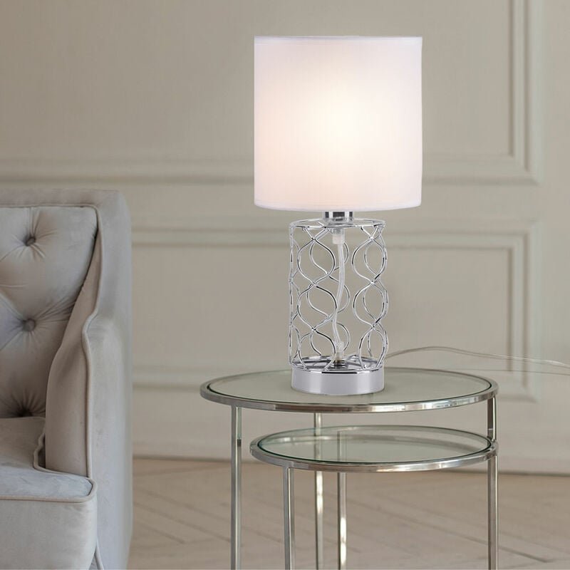 Thumbnail - Tischlampe Schlafzimmer weiß Nachttischlampe Modern Tischleuchte silberner Fuß, Textilschirm Stahl, 1x E14 Fassung, DxH ...