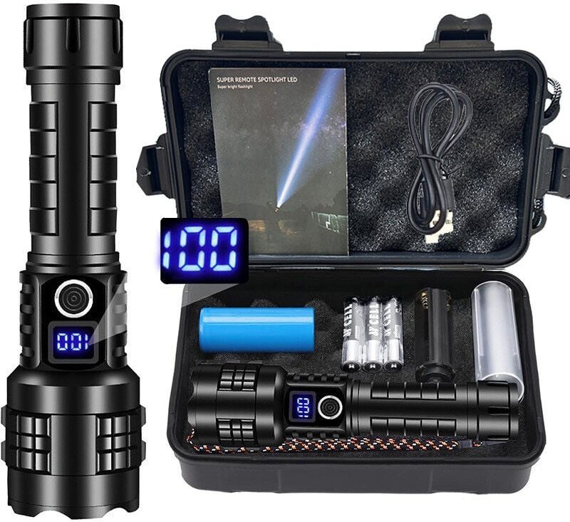 Taschenlampe LED Aufladbar, 500000 Lumen Extrem Hell Taschenlampen Zoombare Taktische Handlampe mit 5 Lichtmodi, IP67 Wa...