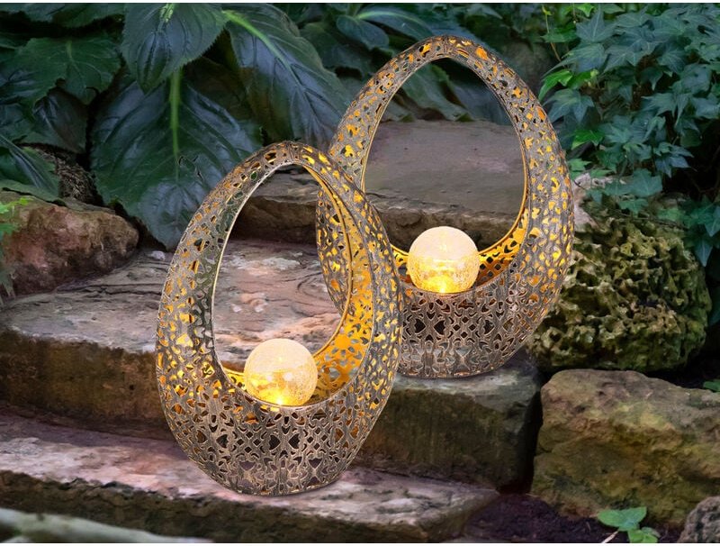 Meinewunschleuchte - Solarleuchten 2er Set mit Glaskugel, Dekorstanzungen Bronzefarben, Höhe 27,5cm