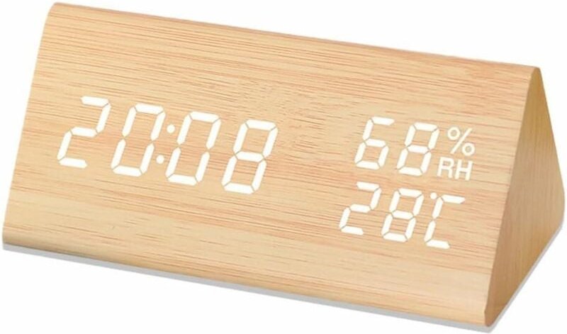 Digitaler Wecker, Holzgehäuse, elektronische LED-Anzeige von Uhrzeit und Datum, Temperatur- und Feuchtigkeitserkennung, ...