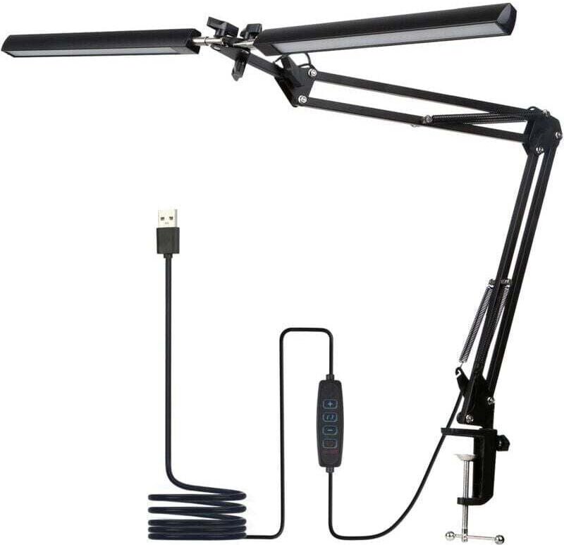 LED-Schreibtischlampe, Doppelkopf-Schreibtischlampe, 5 Farbmodi, 5 Helligkeitsstufen, flexibler Schwanenhals und platzsp...