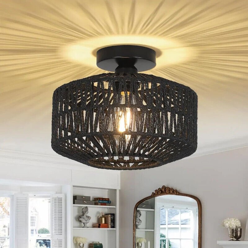 Moderne Deckenleuchte aus geflochtenem Rattan im Bohème-Stil, 30 cm, schwarz, ideal für Schlafzimmer, Wohnzimmer oder Es...