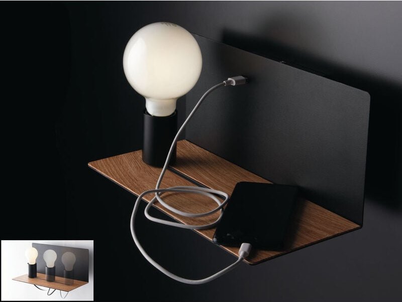 Eco-light - usb Wandleuchte flash Schwarz mit verstellbarer Lampe, Ladefunktion & Ablage