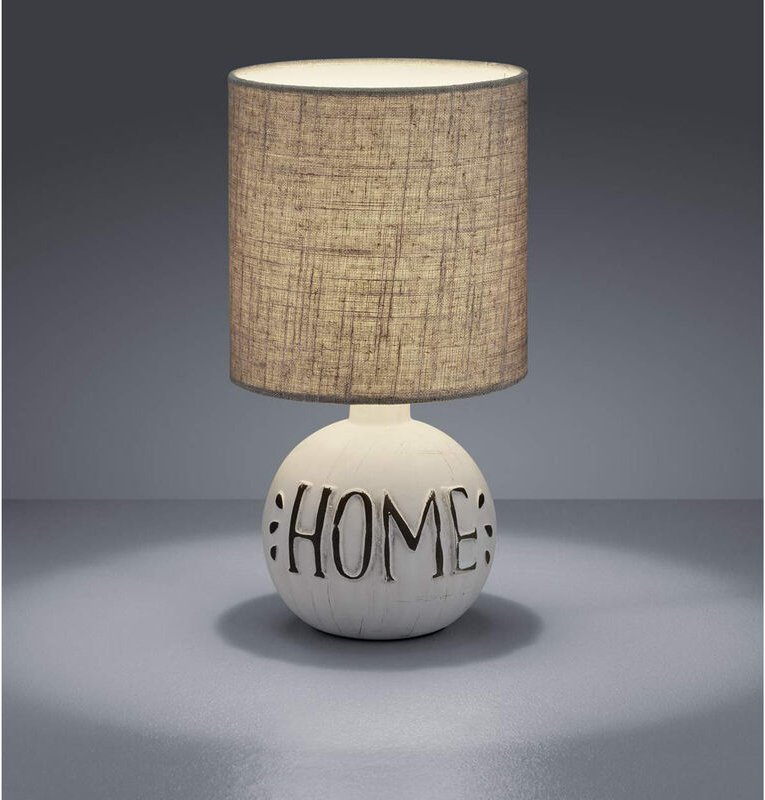 Meinewunschleuchte - led Tischleuchte Keramik-Sockel Schriftzug home Stoffschirm Braun, Höhe 31cm