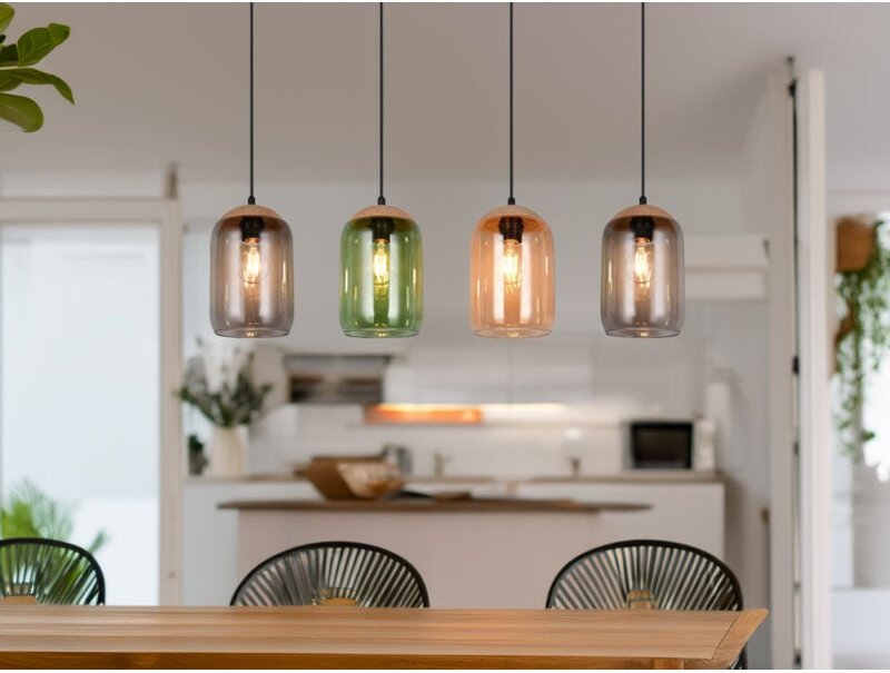 Led Pendelleuchte mit bunten Lampenschirmen aus recyceltem Glas, b: 90cm