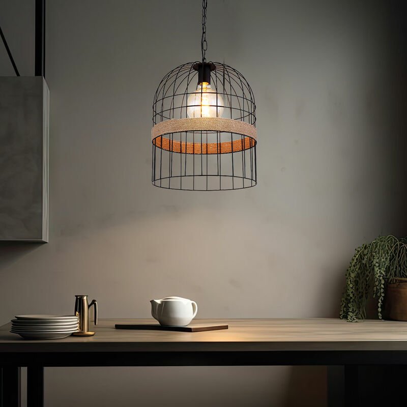 Hängeleuchte Pendellampe Hanfseil Pendelleuchte Wohnzimmer Hängeleuchte Metallgitter Optik, schwarz braun, 1x E27 Fassun...
