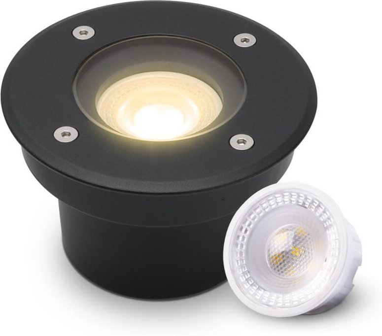 LED Bodeneinbaustrahler Schwarz FLACH rund 230V IP67 - Leuchtmittel: 5W 2700K DIMMBAR 60° - Anzahl: 1x