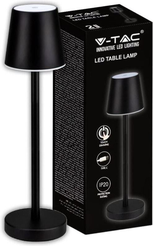 V-TAC LED-Tischlampe, 3 W, wiederaufladbar, batteriebetrieben, schwarze Farbe, USB C Touch, dimmbar, 3000 K, Restaurant-...
