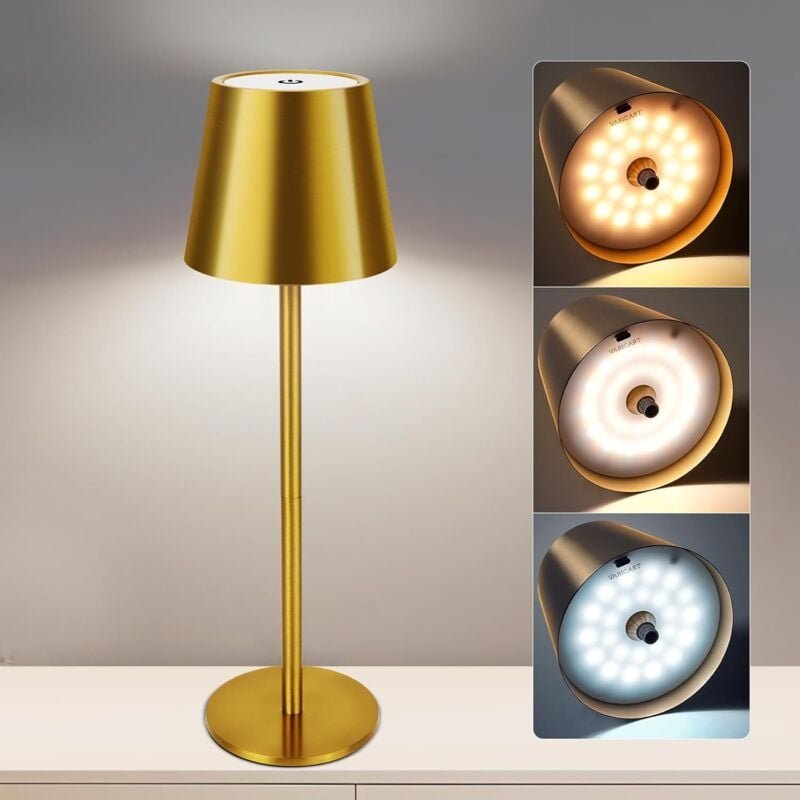 Dimmbare kabellose Tischlampe, wiederaufladbarer 1200-mAh-Akku, 3-farbige dimmbare LED-Touch-Steuerung, mit USB-C, wasse...