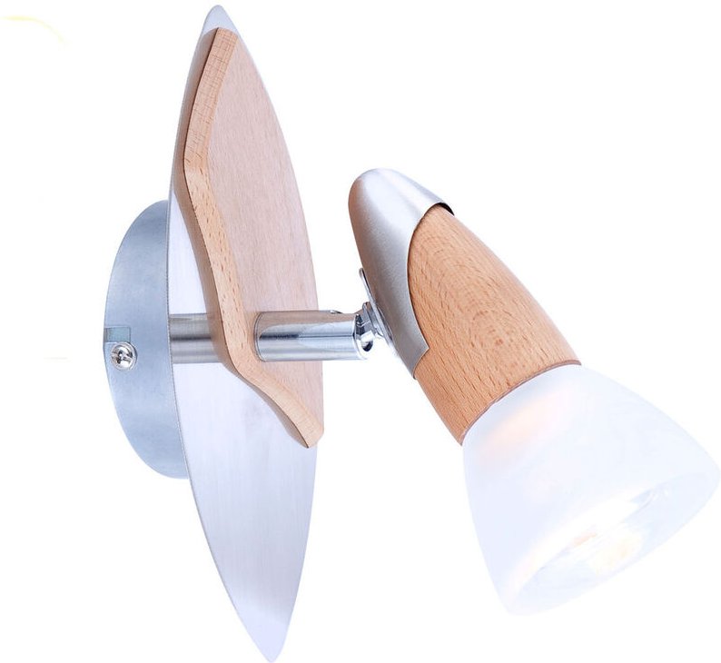 Led Wandstrahler Silber matt mit Holz, Glasschirm satiniert, Breite 9,5cm