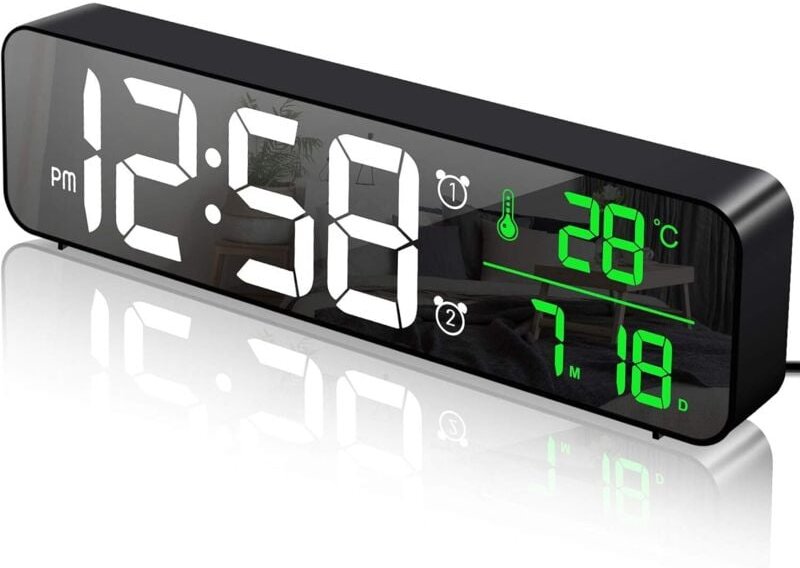 Thumbnail - Lablanc - Digitaler Wecker, led, digitaler Morgenwecker, Wanduhr, großer Bildschirm, Spiegel mit Temperatur, Datum, 2 Al...