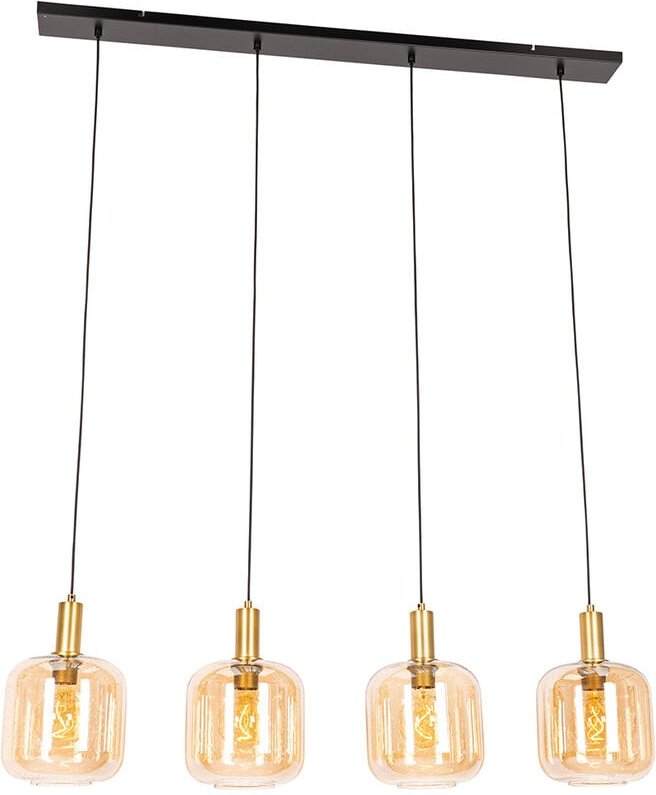 Design-Hängelampe schwarz mit Messing und bernsteinfarbenem Glas, 4-flammig – Zuzanna