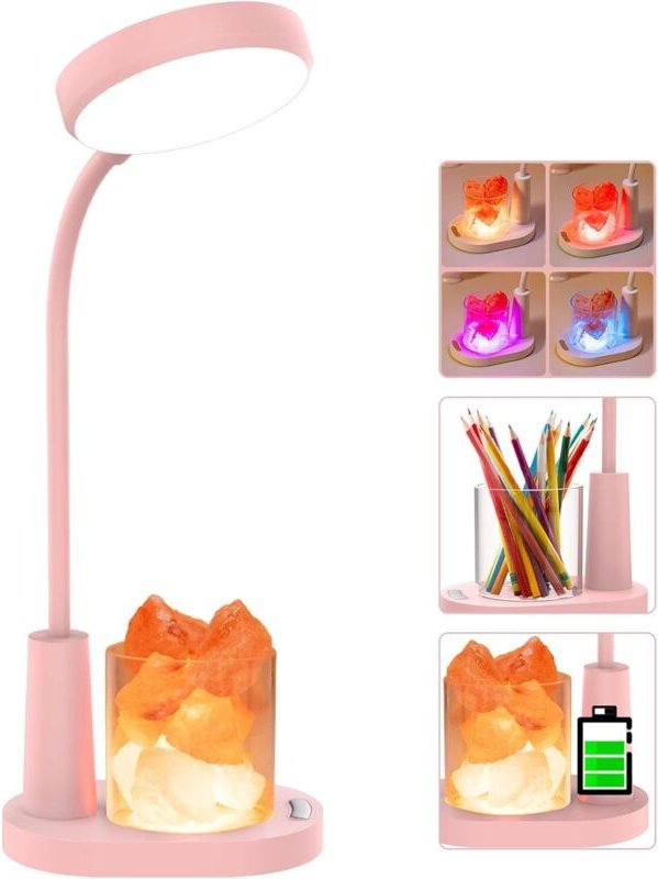 Schreibtischlampe für Kinder, Tischlampe aus Himalaya-Salz, Nachtlicht mit automatischem Farbwechsel und Stifthalter, wi...