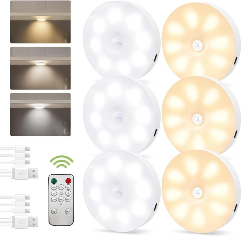 Puck-Licht mit Bewegungssensor und Fernbedienung, kabellos wiederaufladbare Unterschrankleuchte, magnetische led, dimmba...