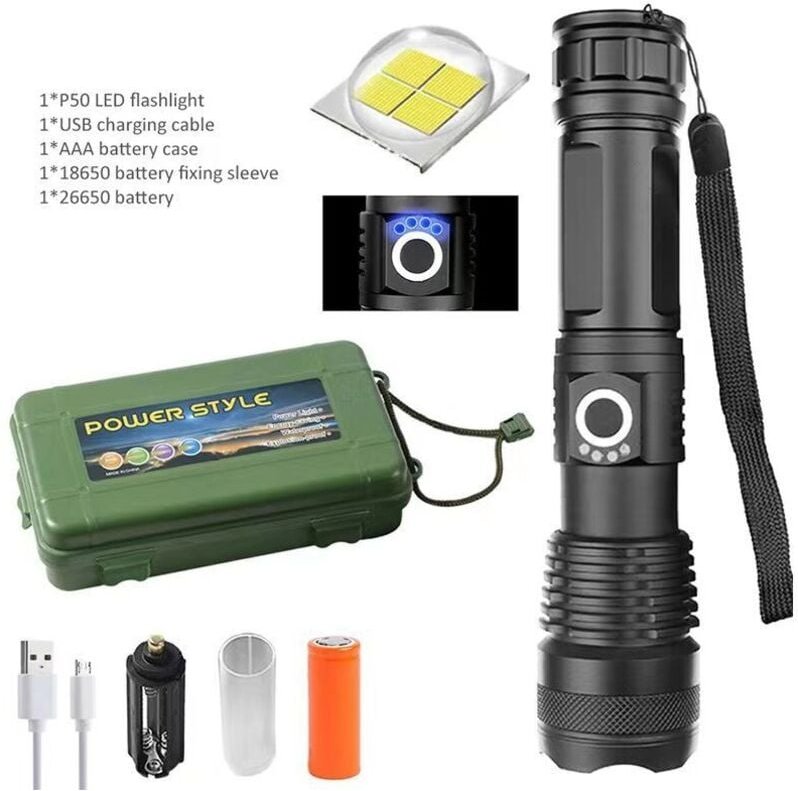Taschenlampe mit Leistungsanzeige, große Reichweite, P70-Teleskopzoom, über USB wiederaufladbares Nachtlicht (Stil 2)