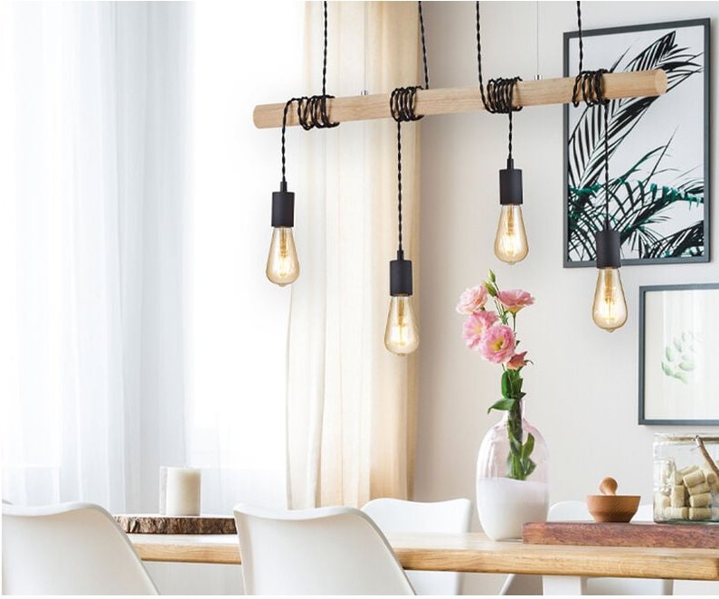 Trio Lighting - Ausgefallene Balken Pendelleuchte brody 4 flammig mit Holzbalken 85cm breit