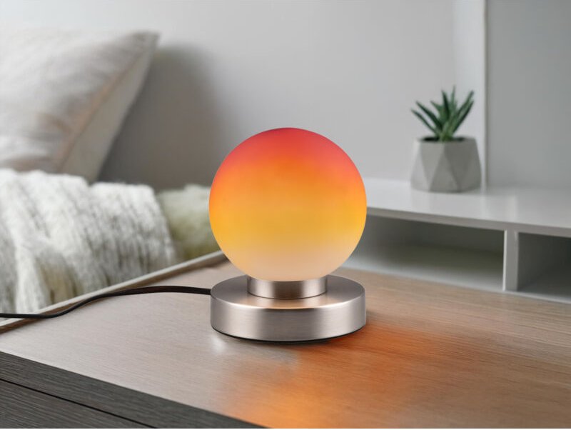 Meinewunschleuchte - led Tischleuchte Glasschirm Orange Sockel Silber - per Touch dimmbar, Höhe 15cm