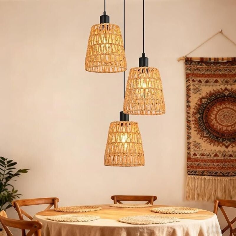 GBLY Hängelampe Boho Rattan 3 Flammig Vintage Geflochten Hanfseil E27 Ohne Leuchtmittel Für Esszimmer Schlafzimmer