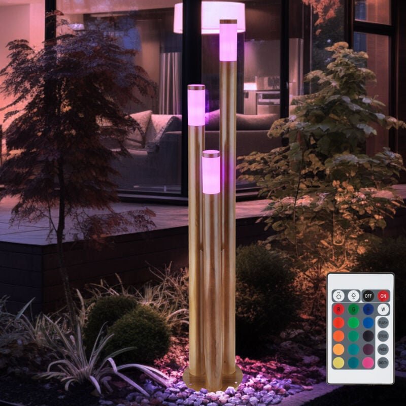 Wegeleuchten Außen Edelstahl Außenlampe Standleuchte Gartenleuchte Holzoptik, Edelstahl, dimmbar Fernbedienung, 3x RGB L...