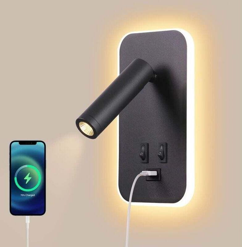 LED-Wandleuchte, Nachttischlampe mit Schalter, USB-Ladeanschluss, Stimmungsbeleuchtung fürs Schlafzimmer, verstellbarer ...