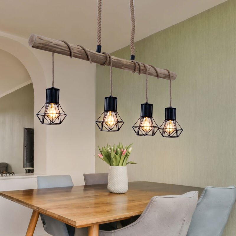 Led Hängelampe Holzbalken natur Pendelleuchte Käfig schwarz Hängeleuchte Holz, schwarz, 4x E27 Fassungen, 5W 300Lm 1800K...