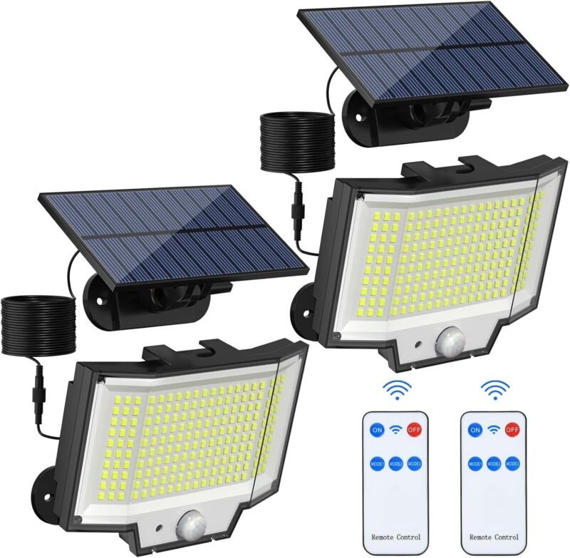 Solarlampen für Außen mit Bewegungsmelder, 200 LED Solarleuchten mit Fernbedienung, IP65 Wasserdichte, 3 Modi LED Solar ...