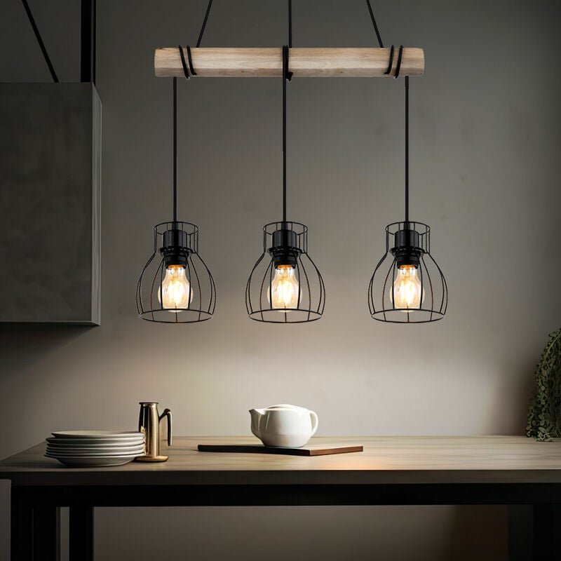 Vintage Pendelleuchte Hängelampe Holz Esstischlampe Retro Hängeleuchte mit Holzbalken, Metall schwarz, 3 x E27 Fassung, ...
