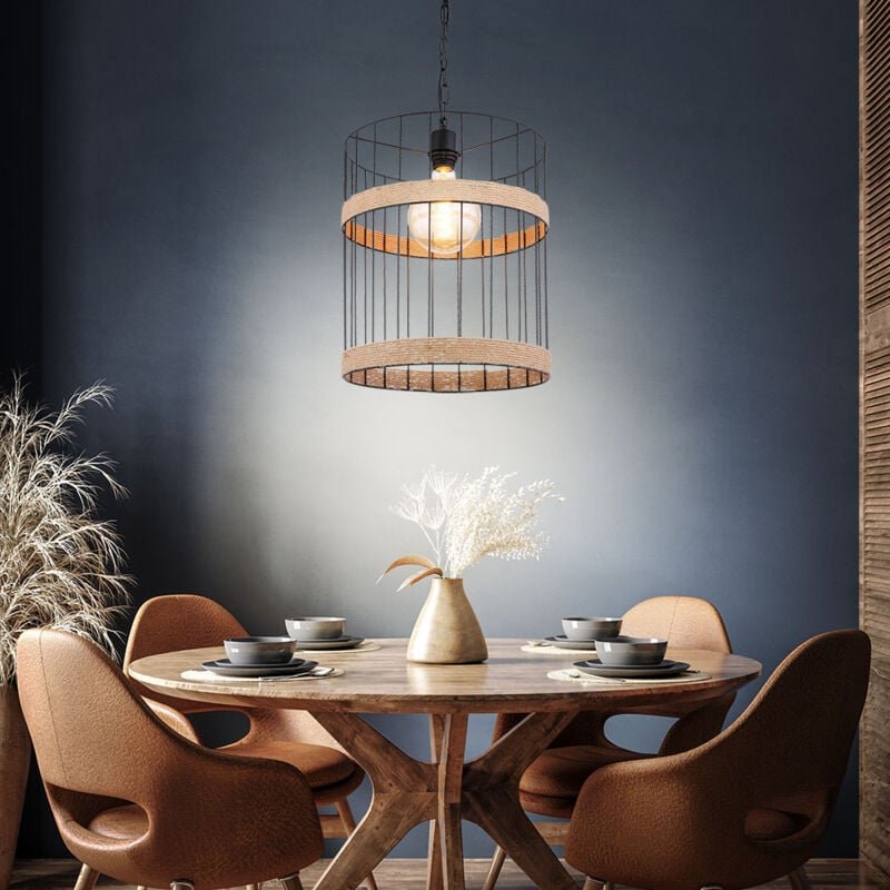 Globo Lighting - Pendellampe Esstischleuchte Industrial Hängelampe Wohnzimmerleuchte, Metallgitter schwarz, Hanfseil, 1x...