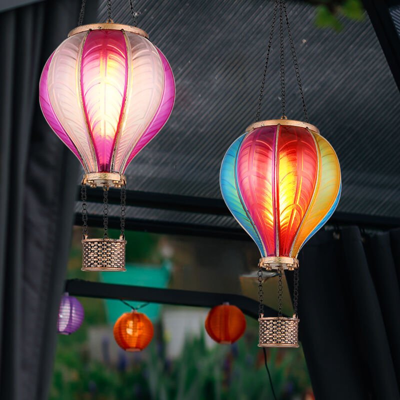 Solarlampe Hängeleuchte Außenlampe Heißluftballon Feuereffekt Gartendeko Balkonlampe, pink bunt, 20x 0,5W 1600K warmweiß...