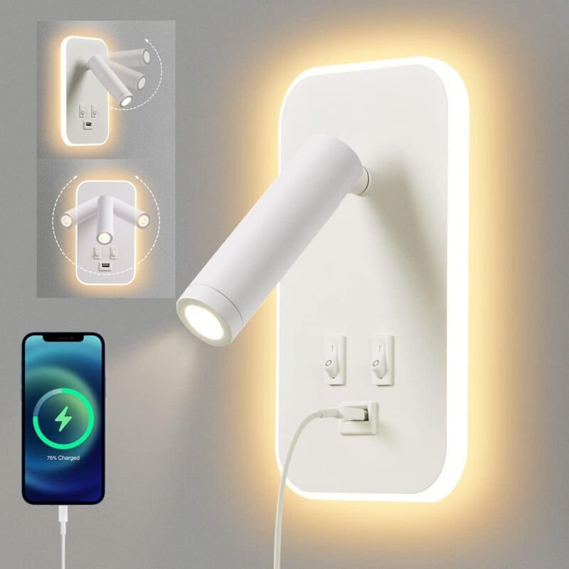 LED-Wandleuchte, Leselampe mit Schalter, USB-Ladeanschluss, einstellbare Ambientebeleuchtung fürs Schlafzimmer (3 W natü...